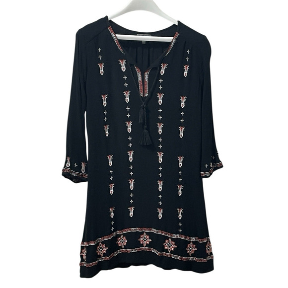 Neiman Marcus Women Black Embroidered Tunic Dress Sz Small Midi Shift Whimsigoth - Picture 1 of 14